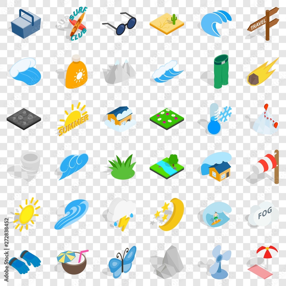 Poster forecast icons set. isometric style of 36 forecast vector icons for web for any design
