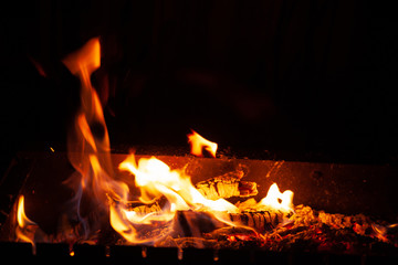 Fire bonfire. The flame of fire burns in an open furnace at night.