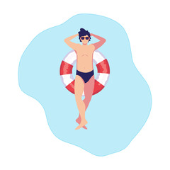 young man with swimsuit and float lifeguard in water