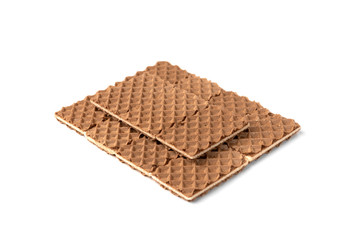 Chocolate waffles with milk filling isolated on white background.