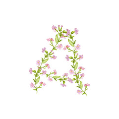 Floral Watercolor Alphabet illustration. Letter A made of flowers on white background. Design for paper, postcard,textile,typographic, monogram