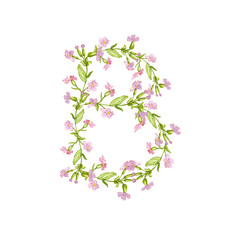 Floral Watercolor Alphabet illustration. Letter B made of flowers on white background. Design for paper, postcard,textile,typographic, monogram