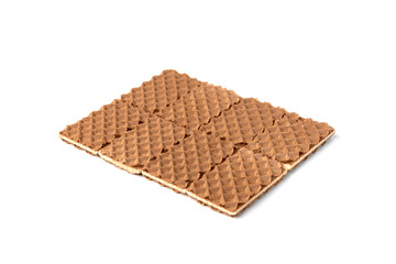 Chocolate waffles with milk filling isolated on white background.
