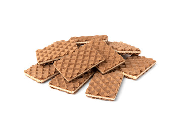 Chocolate waffles with milk filling isolated on white background.