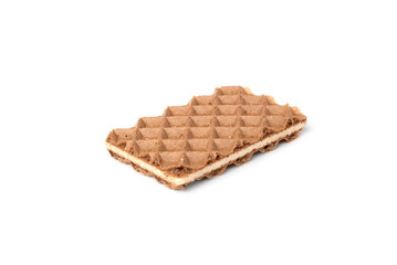 Chocolate waffles with milk filling isolated on white background.