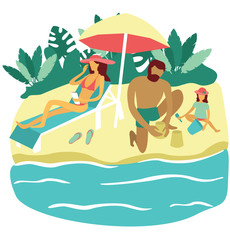 Obraz na płótnie Canvas Family resting on the beach. A woman sits in a lounge chair with a smartphone, a man plays with her daughter in the sand, building sand castles. Vector flat illustration on the isolated white backgrou