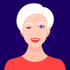 An older woman winks and smiles. Portrait of a funny grandmother. Avatar Vector flat illustration