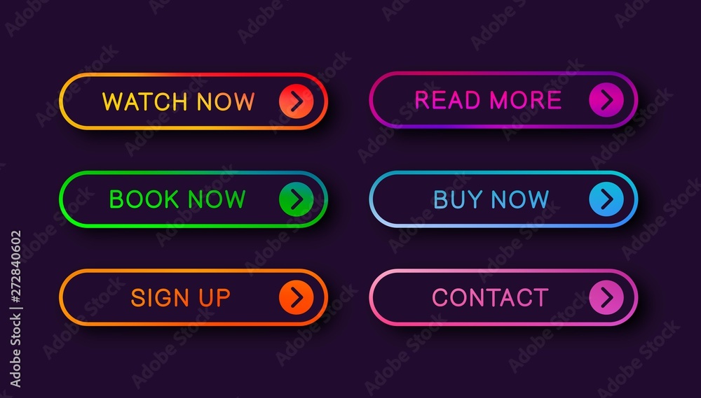 Poster Abstract web buttons with falling shadow. Set of web buttons for web design isolated on dark purple background.