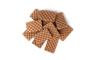 Chocolate waffles with milk filling isolated on white background.
