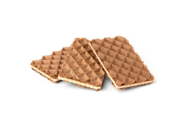 Chocolate waffles with milk filling isolated on white background.