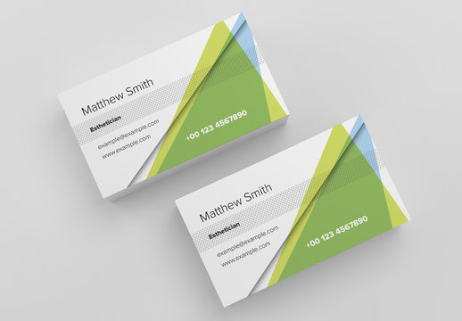 Business Card Layout with Green and Blue Triangles