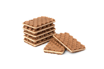 Chocolate waffles with milk filling isolated on white background.