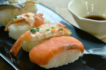 variety Sushi Japanese food with wasabi dipping soy sauce on plate