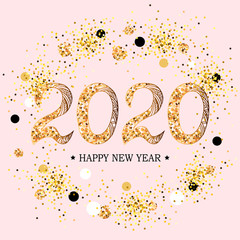 2020 Happy New Year. 2020 celebration text on pink background with golden confetti.  Vector illustration isolated on background. Postcard motive.