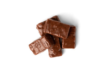 Chocolate sweet with caramel and peanut isolated on white background.