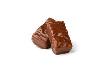 Chocolate sweet with caramel and peanut isolated on white background.