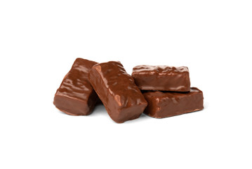 Chocolate sweet with caramel and peanut isolated on white background.