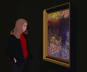 Girl looking at old painting in art gallery.Vector illustration