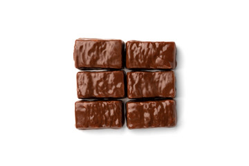 Chocolate sweet with caramel and peanut isolated on white background.