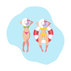 girls with swimsuit and lifeguard float in water