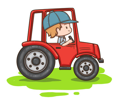 Vector illustration of cute chibi character. Tractor driver isolated on white background. Farmer in cap and shirt. Red tractor.