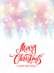 Fototapeta na wymiar Merry Christmas card with fir-trees. Handwritten lettering Merry Christmas. Place for text. Vector illustration for winter holiday, Happy New Year, invitation, greeting card, poster, web, banner.