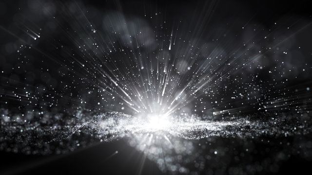 Abstract black and white dust particle glitter sparks bokeh background, lights ray shine glow beam in black and white.