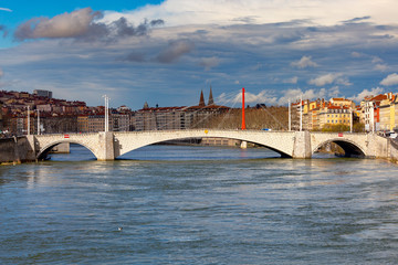 Lyon. Red cable-stayed bridge over the Saona River.