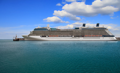 Luxury Cruise Ship in Port on sunny day