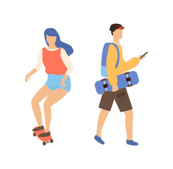 Fototapeta na wymiar Skateboarding couple, woman on skateboard and man skateboarder with board in hands typing message. Vector cartoon people in casual clothes and backpack