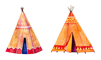 Two Native American tipis. Stylized hand drawn watercolor illustration set © Alexandra