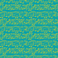 Elegant two tone birthday congratulations with musical notes. Seamless vector pattern in bright ocean blue and gold with textured terrazzo background. Perfect for gifts, stationery, party, kids