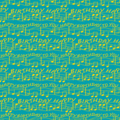 Elegant two tone birthday congratulations with musical notes. Seamless vector pattern in bright ocean blue and gold with textured terrazzo background. Perfect for gifts, stationery, party, kids