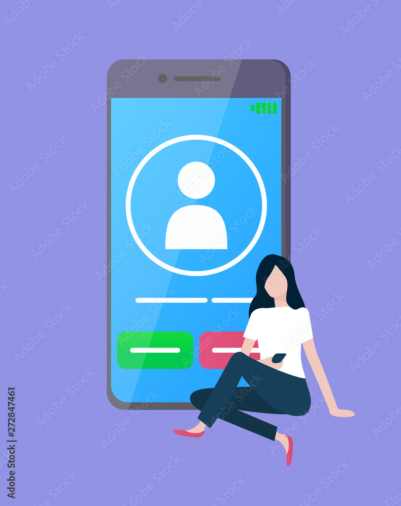 Poster smartphone with call sign vector, woman using services of cellular communication, flat style. isolat