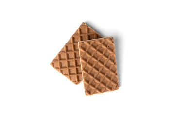 Chocolate waffles with milk filling isolated on white background.