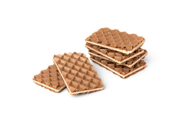 Chocolate waffles with milk filling isolated on white background.