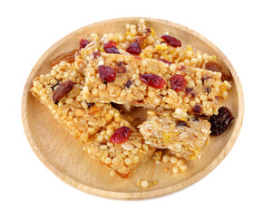 Healthy granola bar on white background