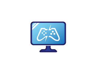 Console video games a controller gadget for logo design illustration, in a screen shape tv icon