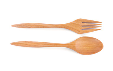 wooden spoons and fork Isolated on White Background