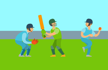 Group of people playing cricket, men holding ball and bat, male wearing helmet and gloves, full length view of training person, championship vector