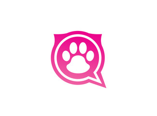 Paw inside an chat icon and footprint symbol logo design illustration in the shape
