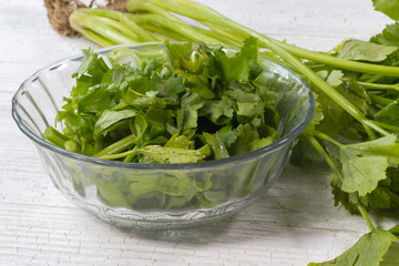 slide of Fresh celery plant on glass bowl