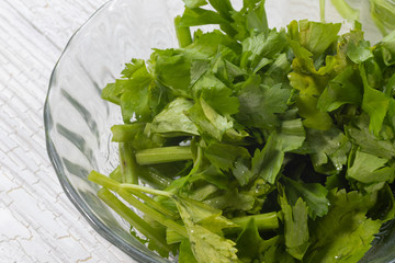 slide of Fresh celery plant on glass bowl