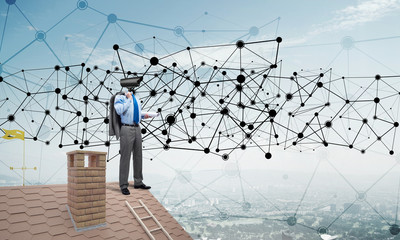 Concept of home security and privacy protection with camera headed man