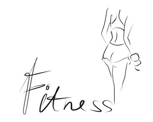 Silhouette of sporty female body with dumbbells in hand. Sketch, vector