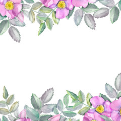 Square frame of wild roses and leaves. Rosehip flowers for the design of invitations, greeting cards or post in social networks 