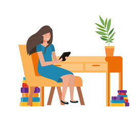 woman sitting in the work office with white background