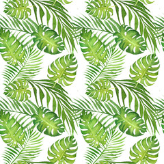 hand drawn watercolor floral tropical seamless pattern with green monstera leaves and palm tree leaves on white  background - obrazy, fototapety, plakaty