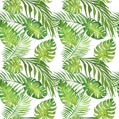 Photo sur Plexiglas Monstera hand drawn watercolor floral tropical seamless pattern with green monstera leaves and palm tree leaves on white  background