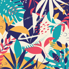 Trendy abstract pattern with colorful tropical leaves and flowers on a pastel background. Vector design. Jung print. Floral background. Printing and textiles.